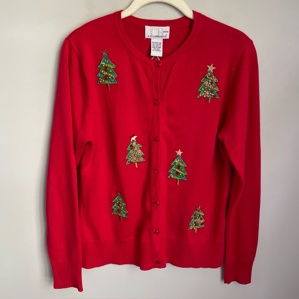 C.B. Collections Festive Red Christmas Tree Cardigan Sweater Size Medium Petite